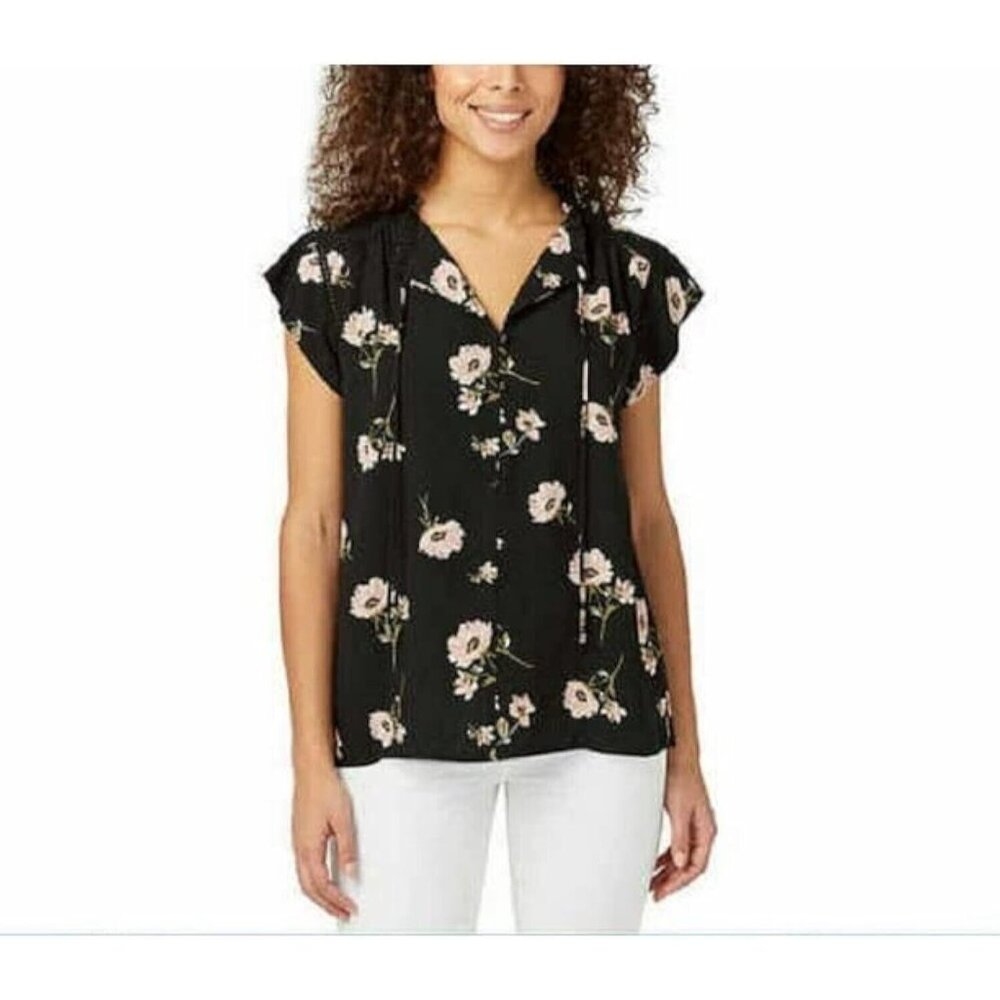 Buffalo David Bitton Size Medium‎ Flutter Sleeve Floral Blouse Top Black Poppy